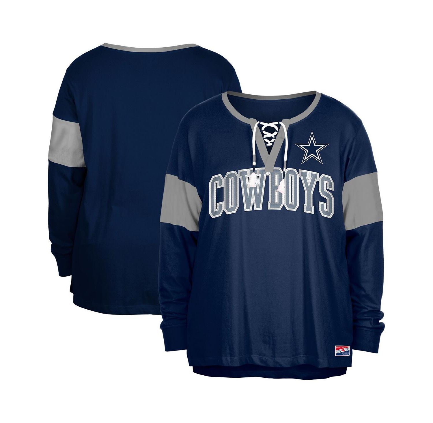 Women's Navy Dallas Cowboys Plus Size Lace-Up Notch Neck Long Sleeve T-Shirt