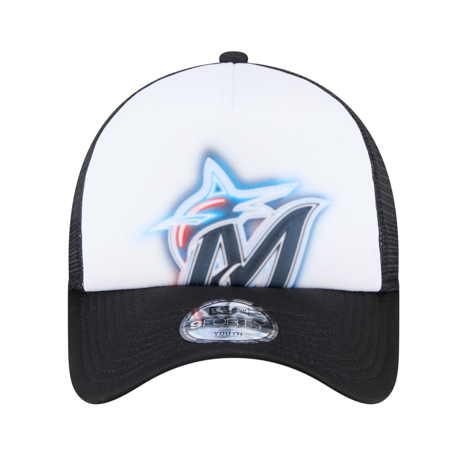 Toddler White/Black Miami Marlins Painted A-Frame 9FORTY Trucker Adjustable Hat