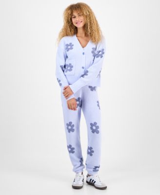 Hippie Rose Juniors Floral Teddy Knit Tank Cardigan Set Floral Teddy Knit Jogger Pants In Blue