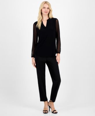 Women's Split-Neck Long-Dot-Sleeve Blouse, Regular & Petite