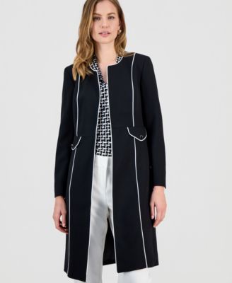 Kasper - Women's Stretch Crepe Piping-Trim Long Jacket
