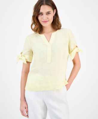 Women's 100% Linen Split-Neck Tie-Cuff Top, Created for Macy's