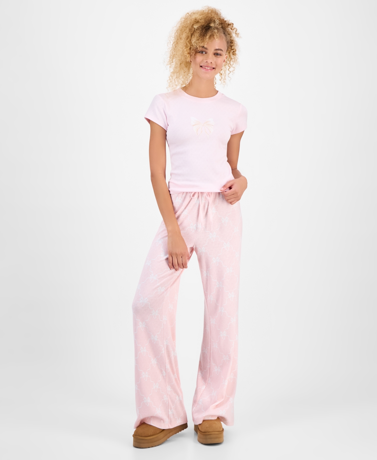 Just Polly Juniors' Pointelle Drawstring Wide-leg Lounge Pants In Pink