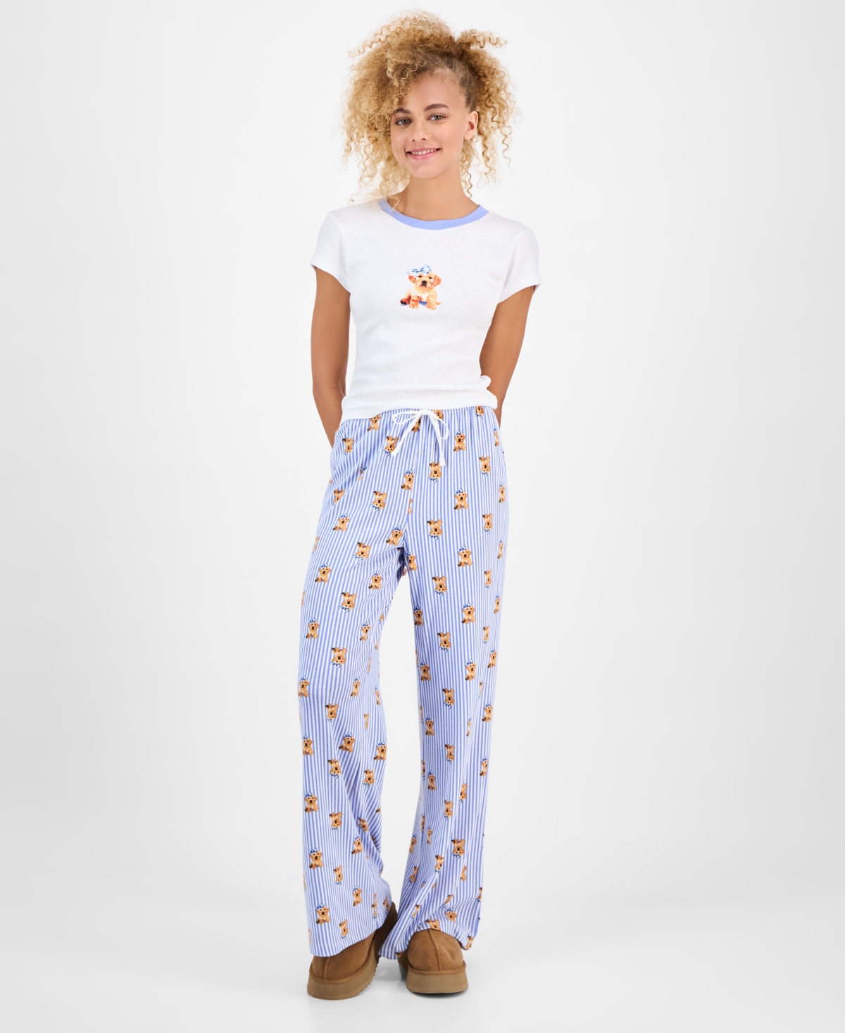 Just Polly Juniors' Pointelle Drawstring Wide-leg Lounge Pants In Blue