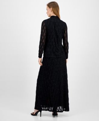 Anne Klein Womens Glitter Long Sleeve Mock Neck Top Glitter Flared Maxi Skirt In Black