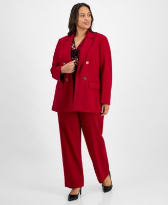 Plus Size Open-Front Blazer, Printed Sleeveless Faux-Wrap Top & Pull-On Wide Leg Pants