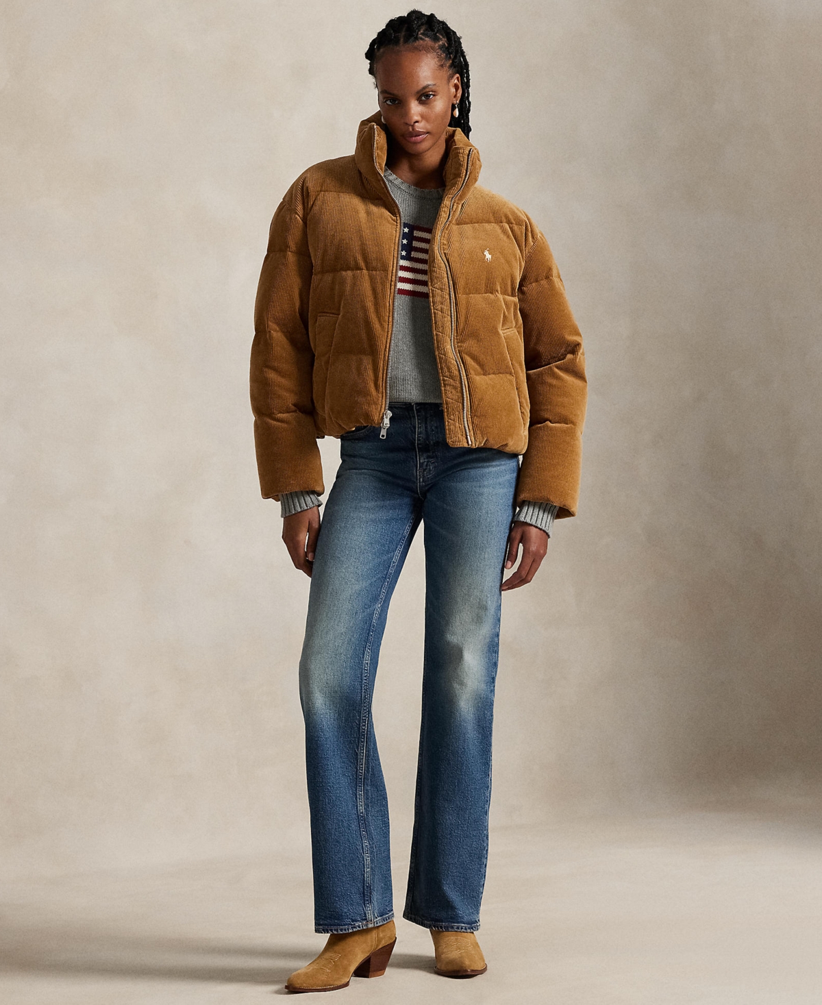 Polo Ralph Lauren Corduroy Quilted Puffer Jacket In Brown