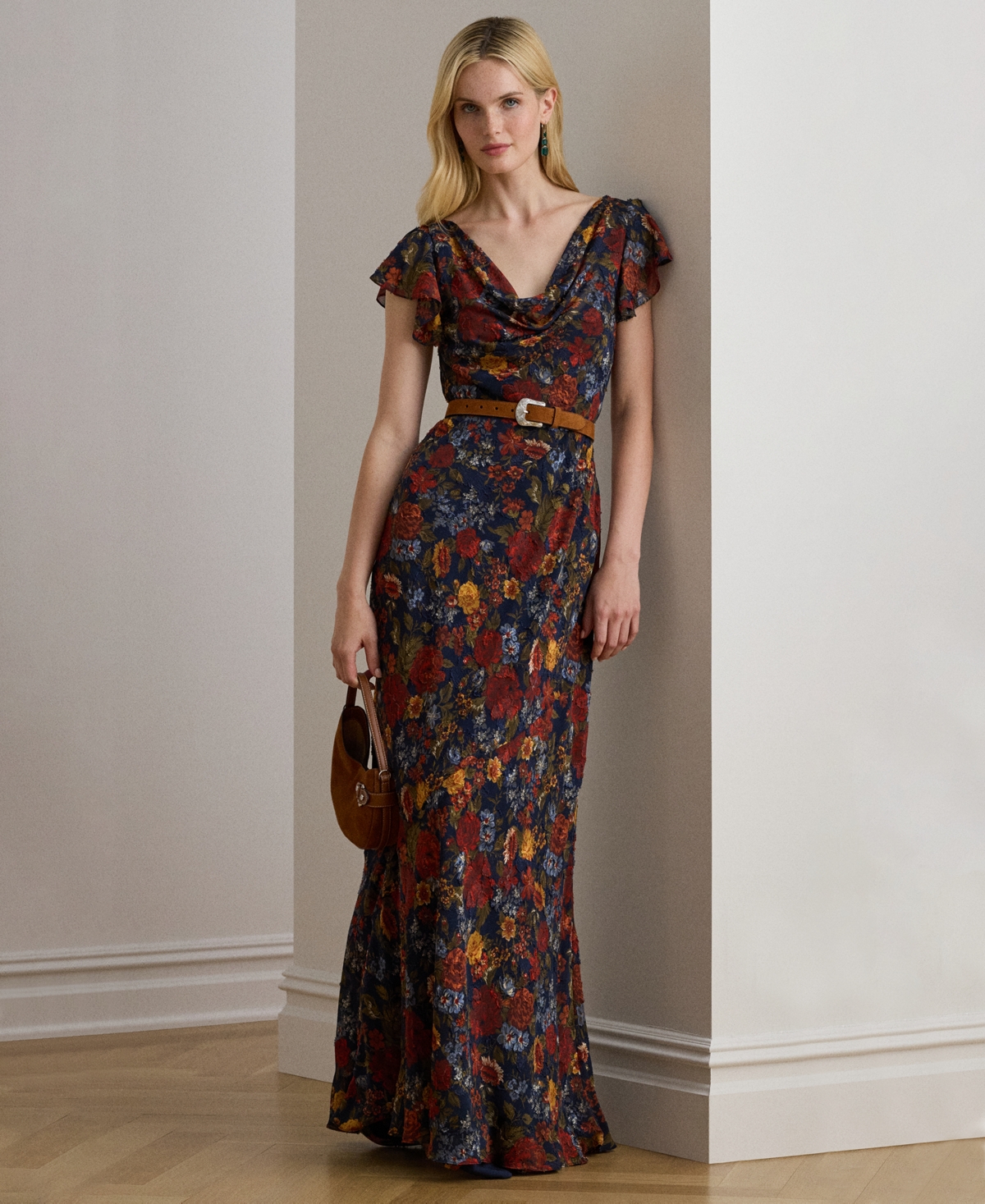 Ralph Lauren Floral Clipped Jacquard Cowlneck Gown In Multi