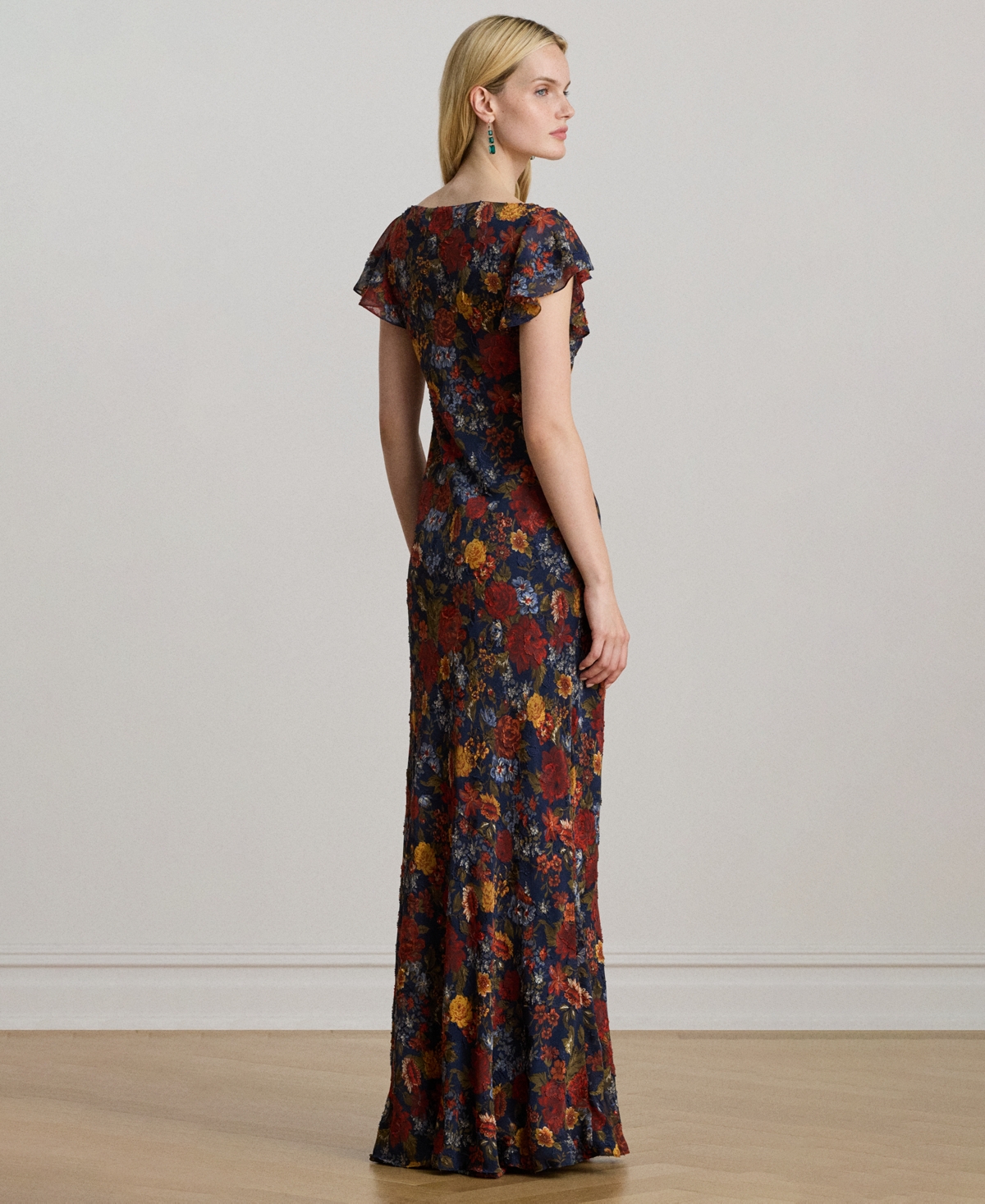 Ralph Lauren Floral Clipped Jacquard Cowlneck Gown In Multi