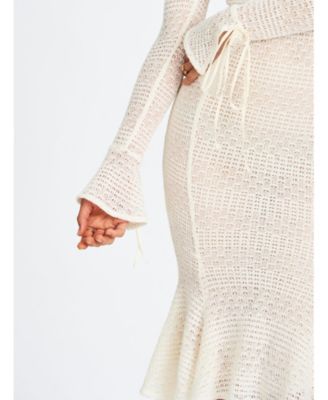 Women's Pamina Beige Crochet Long Sleeve Midi Flare Mermaid Dress