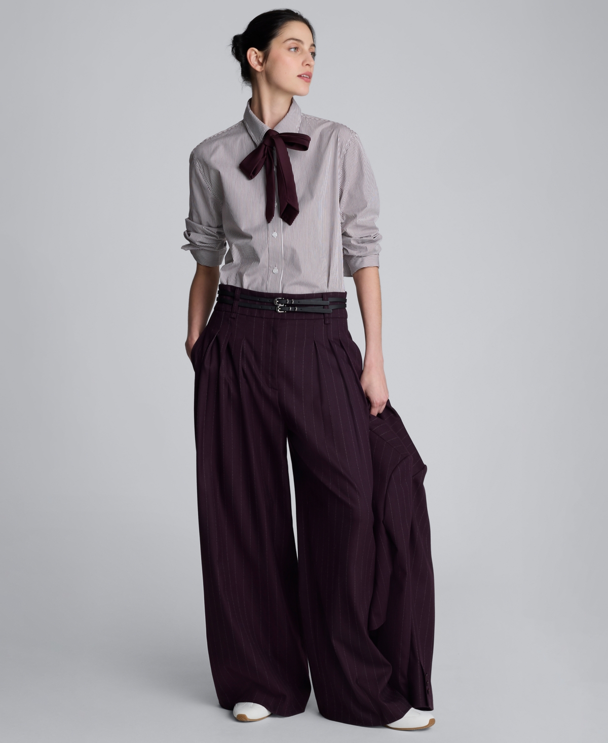Kenneth Cole Pinstripe Pleated Double Belted High Waist Wide Leg Pants In Black