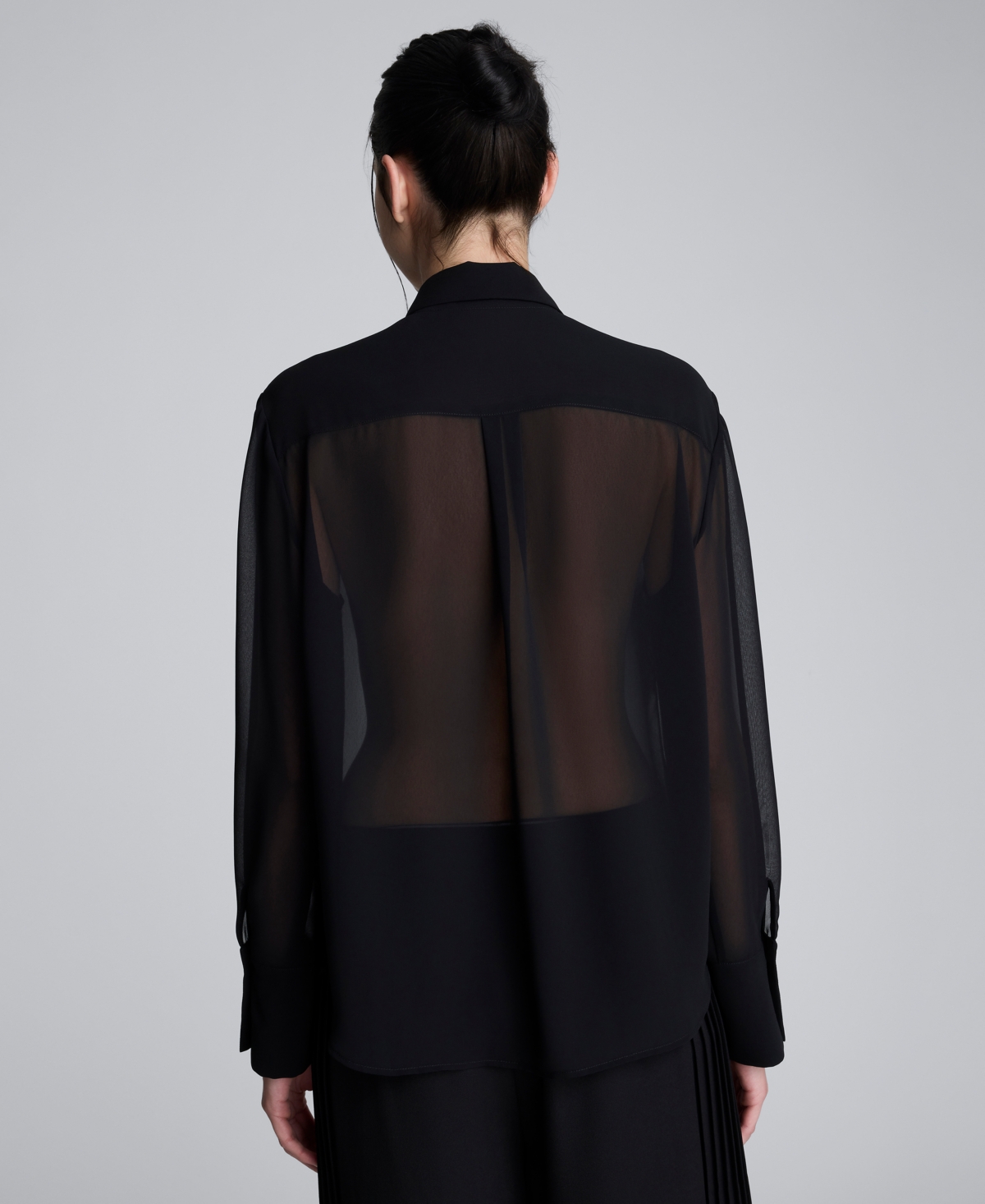 Kenneth Cole Chiffon Pleated Long Sleeve Blouse In Black