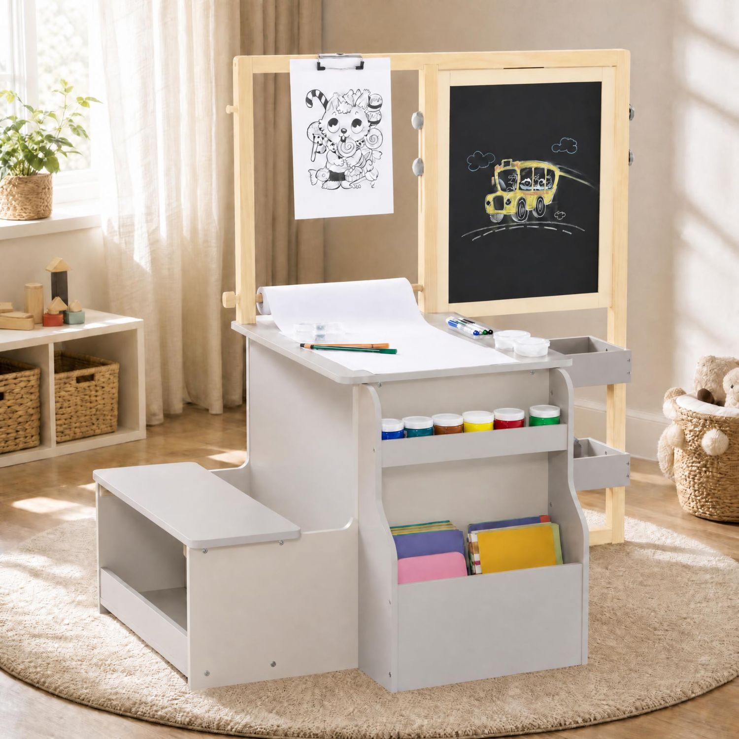 Ages 3+ Double-Sided Adjustable Storage Kids Art Center Wooden Table Bench Set