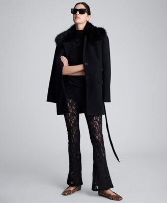 Women's Faux Fur Trim Notched Collar Belted Jacket