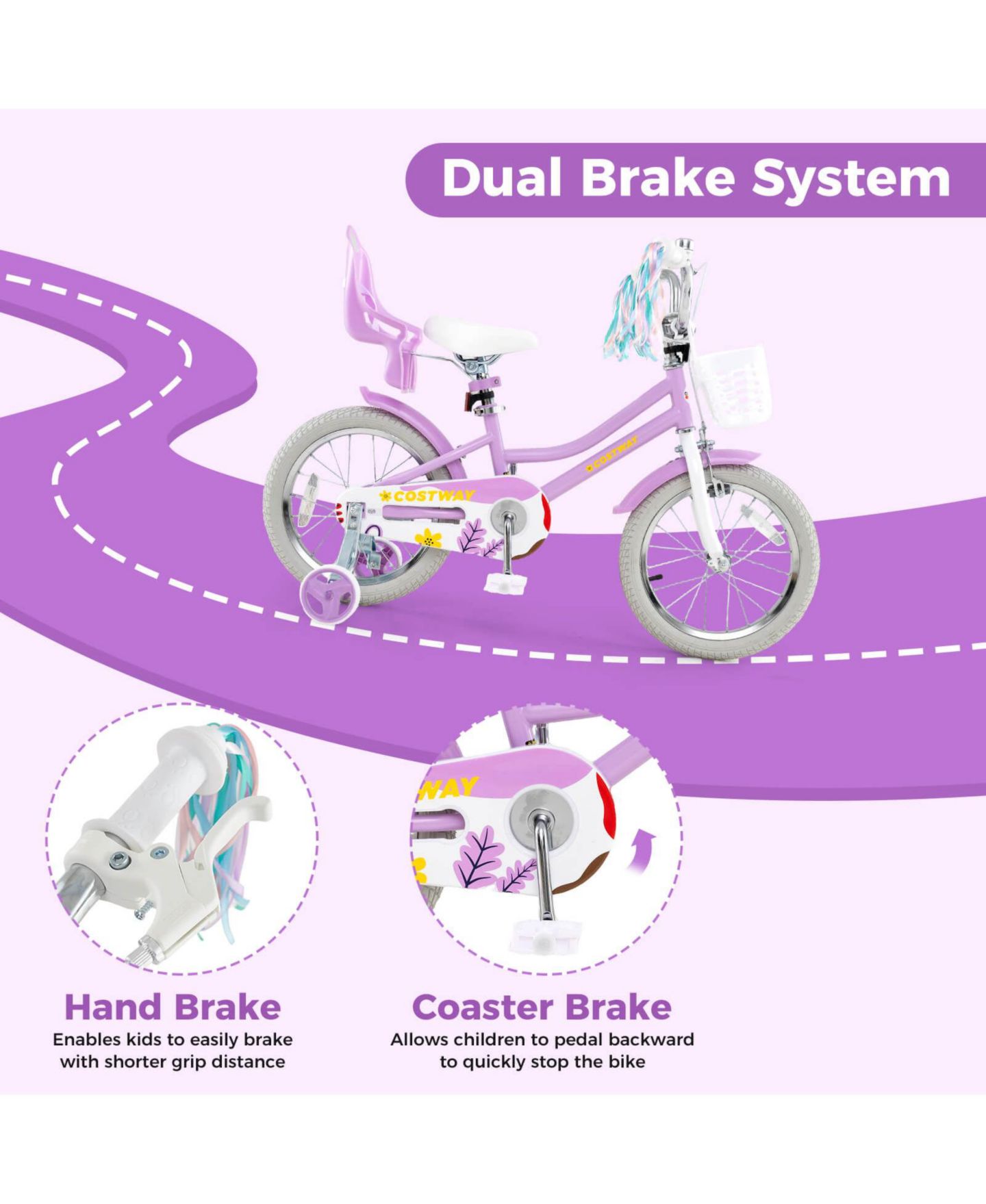 Детская игрушка Costway 16-Inch Kids' Bicycle with Training Wheels and Adjustable Seat, 145 lbs, Ages 4-7, цвет: Фиолетовый — фото 7