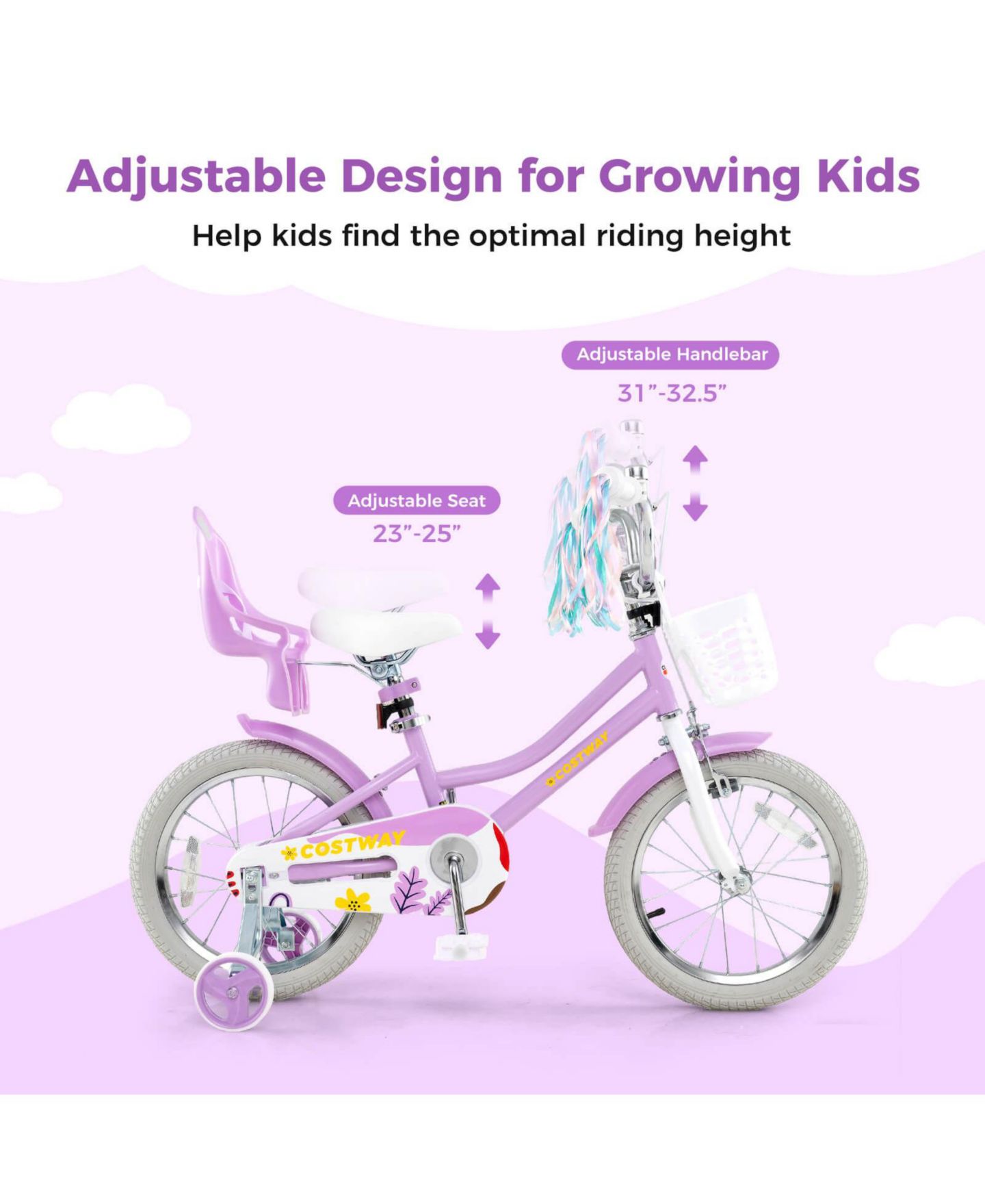 Детская игрушка Costway 16-Inch Kids' Bicycle with Training Wheels and Adjustable Seat, 145 lbs, Ages 4-7, цвет: Фиолетовый — фото 10