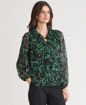 Women's Printed Ruffle-Front Long-Sleeve Blouse