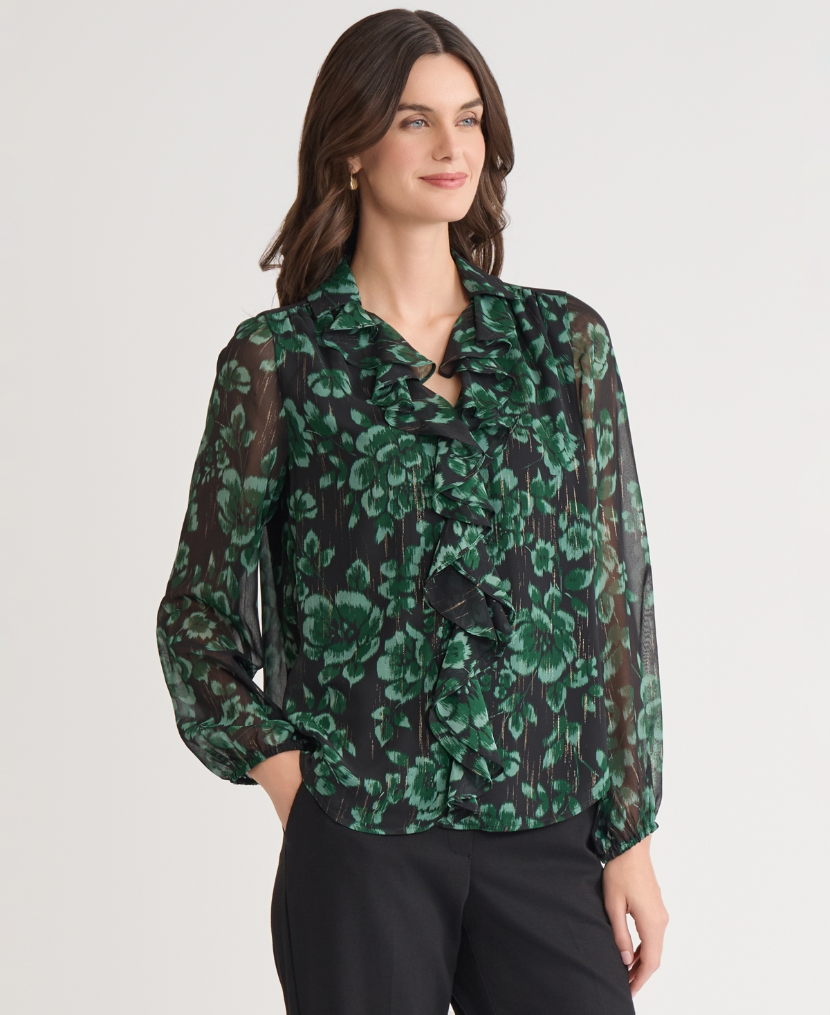 Kasper Women's Printed Ruffle-front Long-sleeve Blouse In Multi