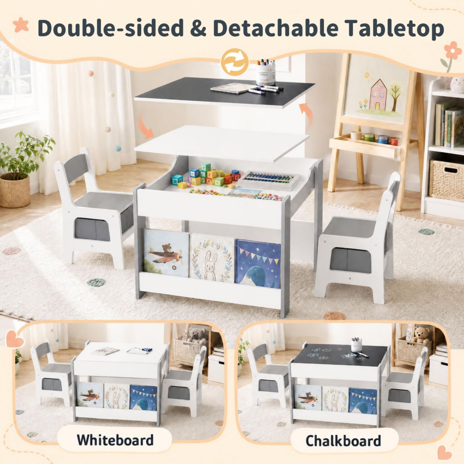 Ages 3-6 Reversible Chalkboard-Whiteboard Activity Table with Storage, 5-Piece Set