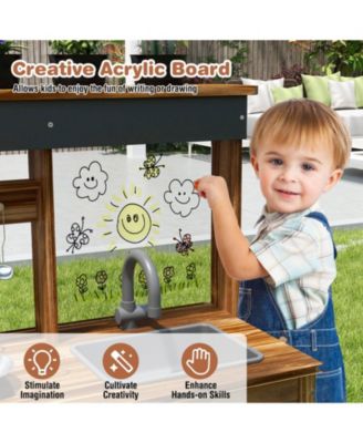 Kids Mud Kitchen Set with Removable Sink Faucet Dual Stoves 4 Planting Pots