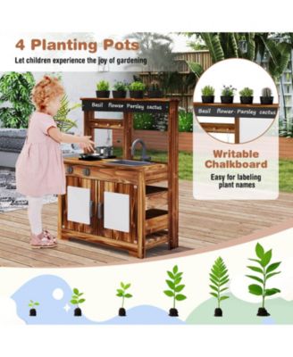 Kids Mud Kitchen Set with Removable Sink Faucet Dual Stoves 4 Planting Pots