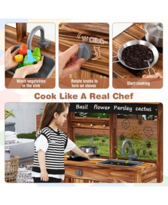 Kids Mud Kitchen Set with Removable Sink Faucet Dual Stoves 4 Planting Pots