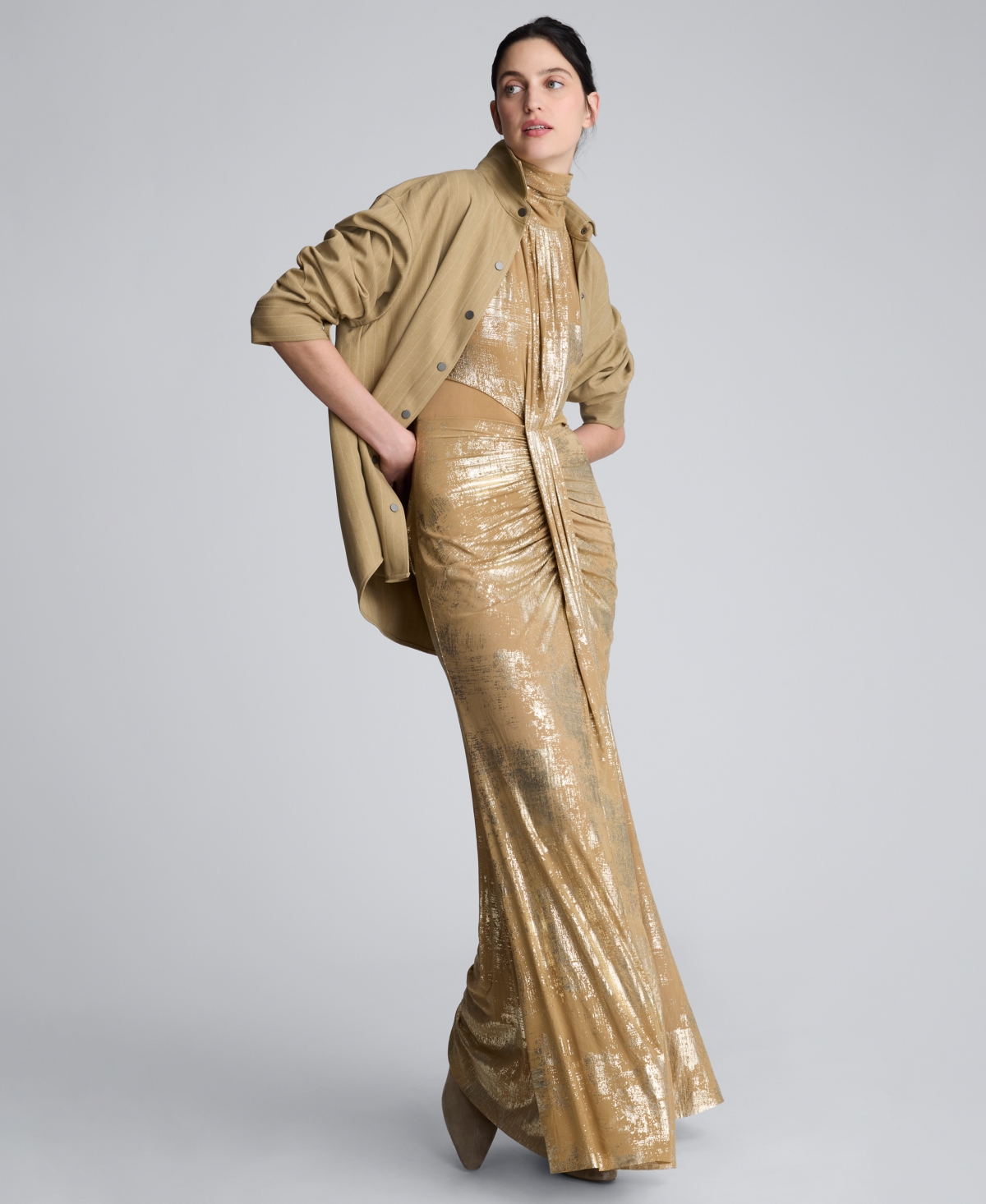 Kenneth Cole Metallic Foil Mesh Pleated Bodice Maxi Dress In Gold
