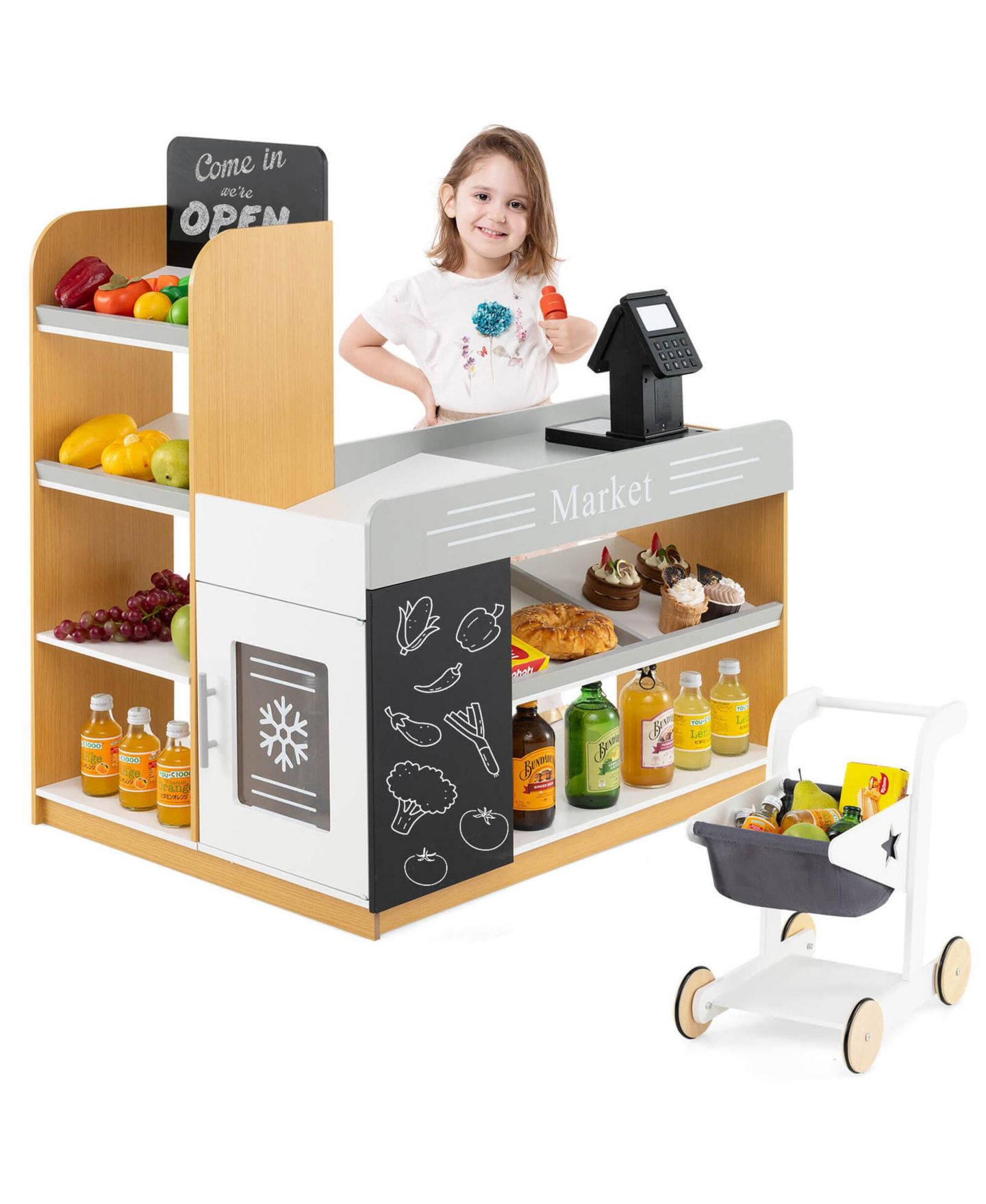 Детская игрушка Costway Kids Grocery Store with Shopping Cart Cash Register Scanner, цвет: Assorted Pre-Pack — фото 1