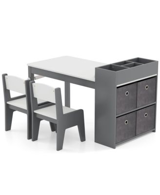 Kids Art Table &amp; Chairs Set with Paper Roll Wooden Craft Study Desk Active Play