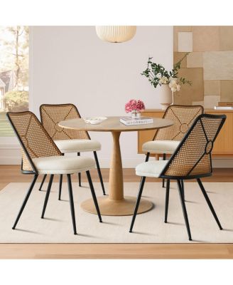 5-Piece 39.5" Round Dining Set with Wood-Look Pedestal Table and 4 Faux Rattan Dining Chairs with Upholstered Seats and Metal Legs-Maison Boucle