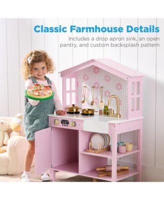 Pretend Play Wooden Farmhouse Kitchen Set w/ Storage, Clicking Knobs, 5 Accessories