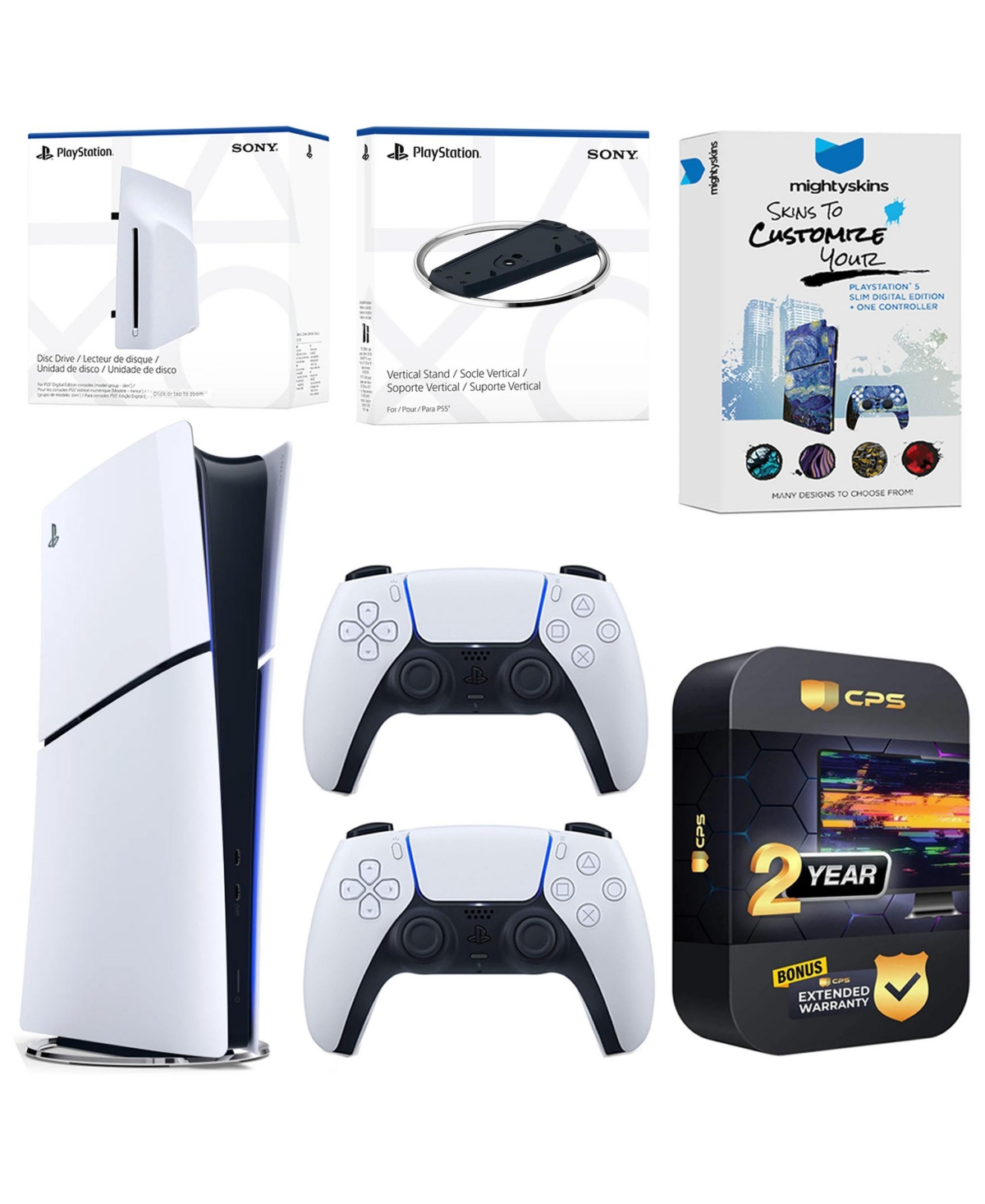 Sony PlayStation 5 Slim Digital Bundle with Disc Drive, Extra Controller, Vertical Stand, MightySkins Voucher and 2 Year Extended Warranty - White