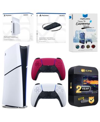 PlayStation 5 Slim Digital Bundle with Disc Drive, Extra Controller, Vertical Stand, MightySkins Voucher and 2 Year Extended Warranty - Glacier W