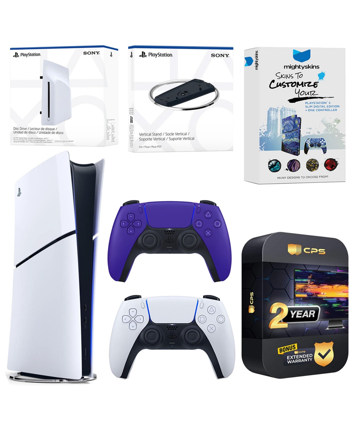 Sony PlayStation 5 Slim Digital Bundle with Disc Drive, Extra Controller, Vertical Stand, MightySkins Voucher and 2 Year Extended Warranty - Galactic 