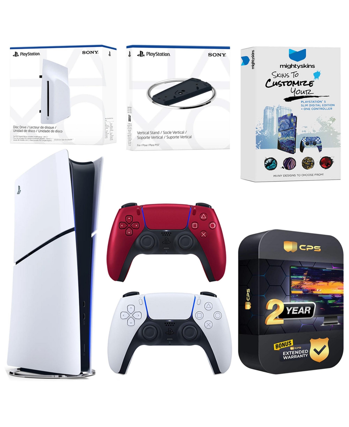 Sony PlayStation 5 Slim Digital Bundle with Disc Drive, Extra Controller, Vertical Stand, MightySkins Voucher and 2 Year Extended Warranty - Volcanic 