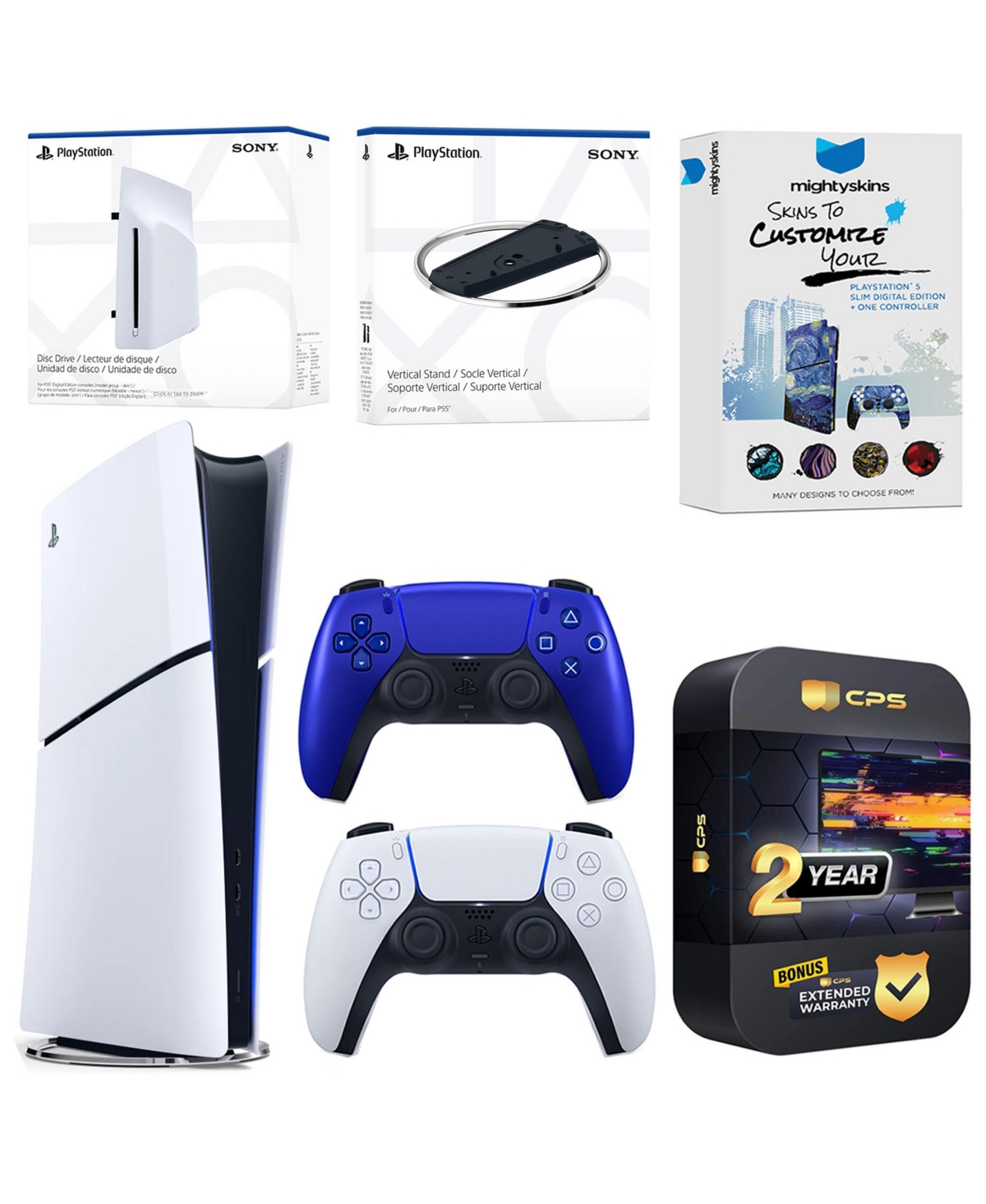 Sony PlayStation 5 Slim Digital Bundle with Disc Drive, Extra Controller, Vertical Stand, MightySkins Voucher and 2 Year Extended Warranty - Cobalt bl