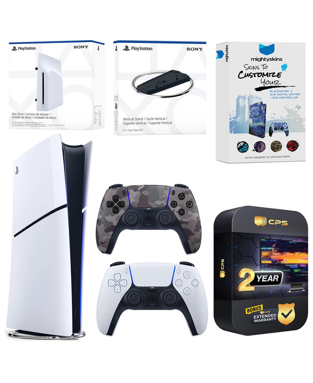 Sony PlayStation 5 Slim Digital Bundle with Disc Drive, Extra Controller, Vertical Stand, MightySkins Voucher and 2 Year Extended Warranty - Gray camo