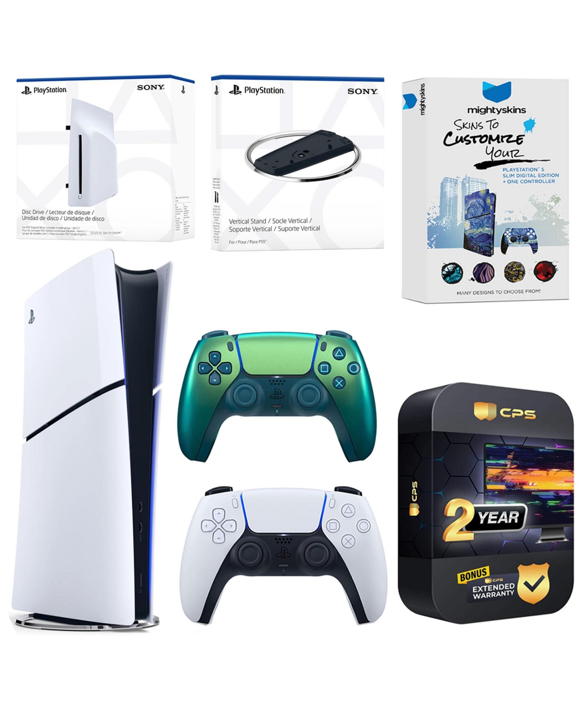 Sony PlayStation 5 Slim Digital Bundle with Disc Drive, Extra Controller, Vertical Stand, MightySkins Voucher and 2 Year Extended Warranty - Chroma te