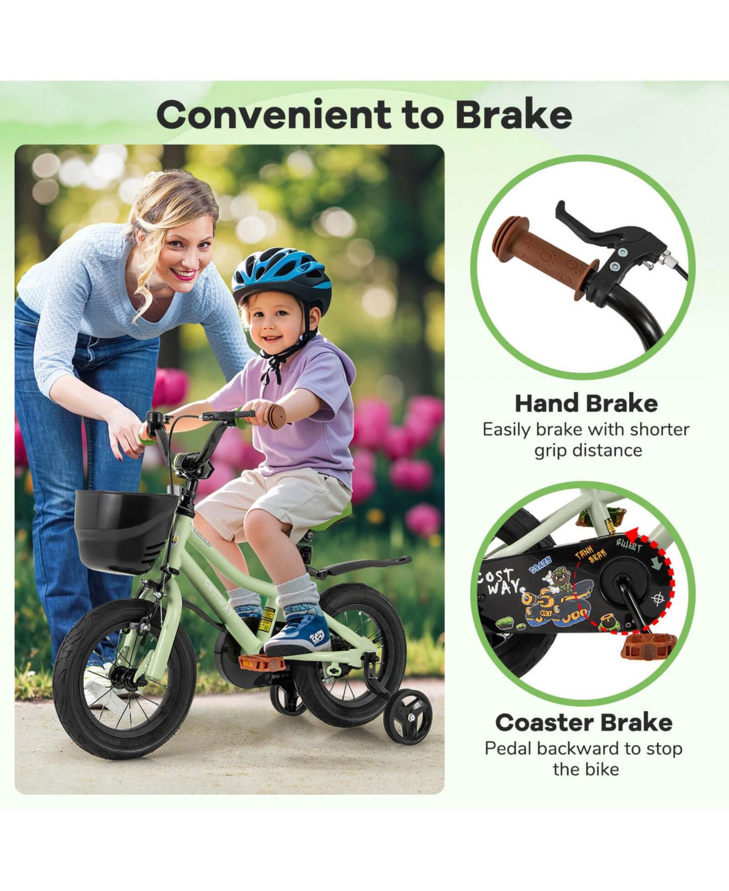 Детская игрушка Costway 12" Kids' Bike with Adjustable Handlebar and Seat, Training Wheels, Coaster Brake, 145 lbs, от 3 лет, цвет: Зелёный — фото 6