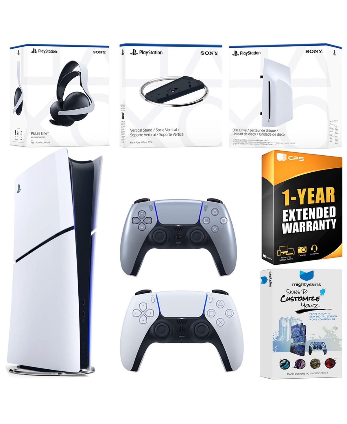 Sony PlayStation 5 Slim Digital Bundle with Disc Drive, Extra Controller, Pulse Elite Headset, Vertical Stand, MightySkins Voucher and 1 Year Extended