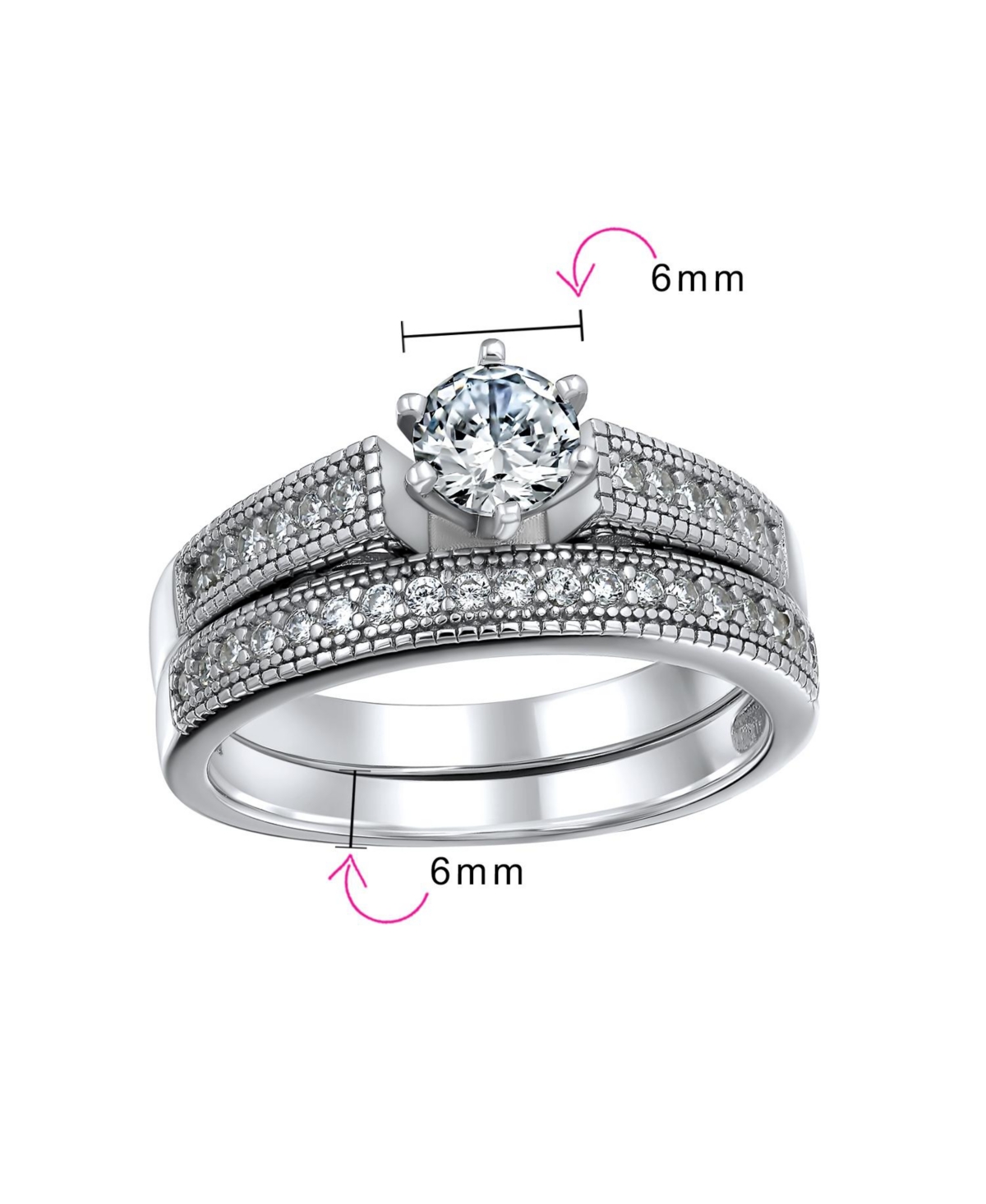 Bling Jewelry 1.5CT Round Cubic Zirconia Solitaire 6 Prong Milgrain Cz Pave Promise Band Ring Set Sterling Silver