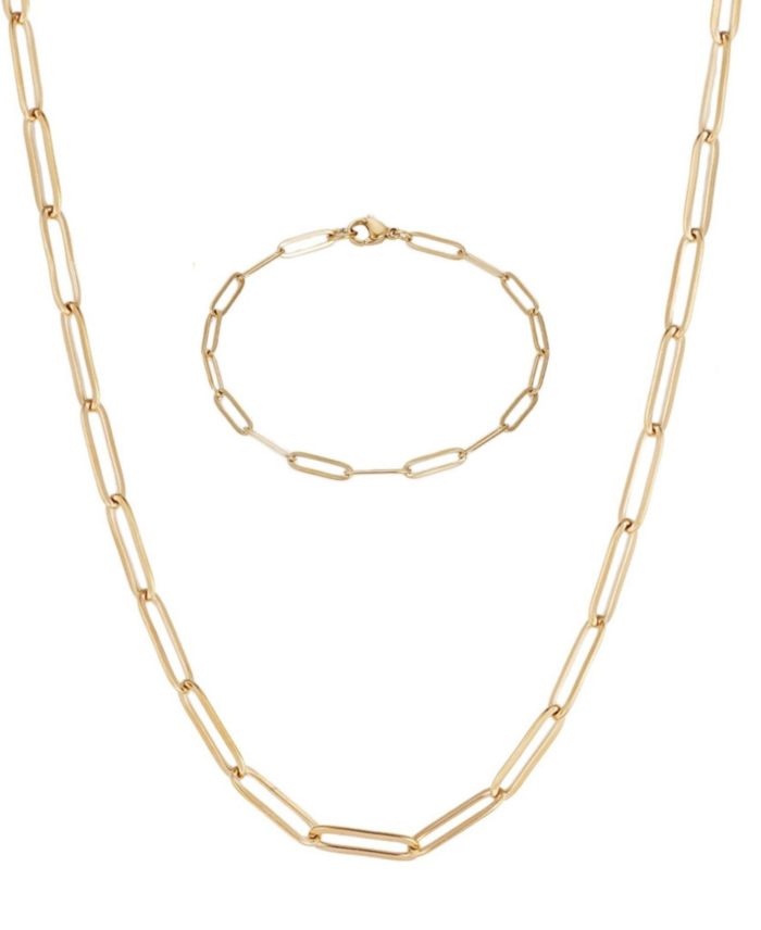 ADORNIA Tarnish Resistant Gold Paperclip Bracelet and Necklace Set