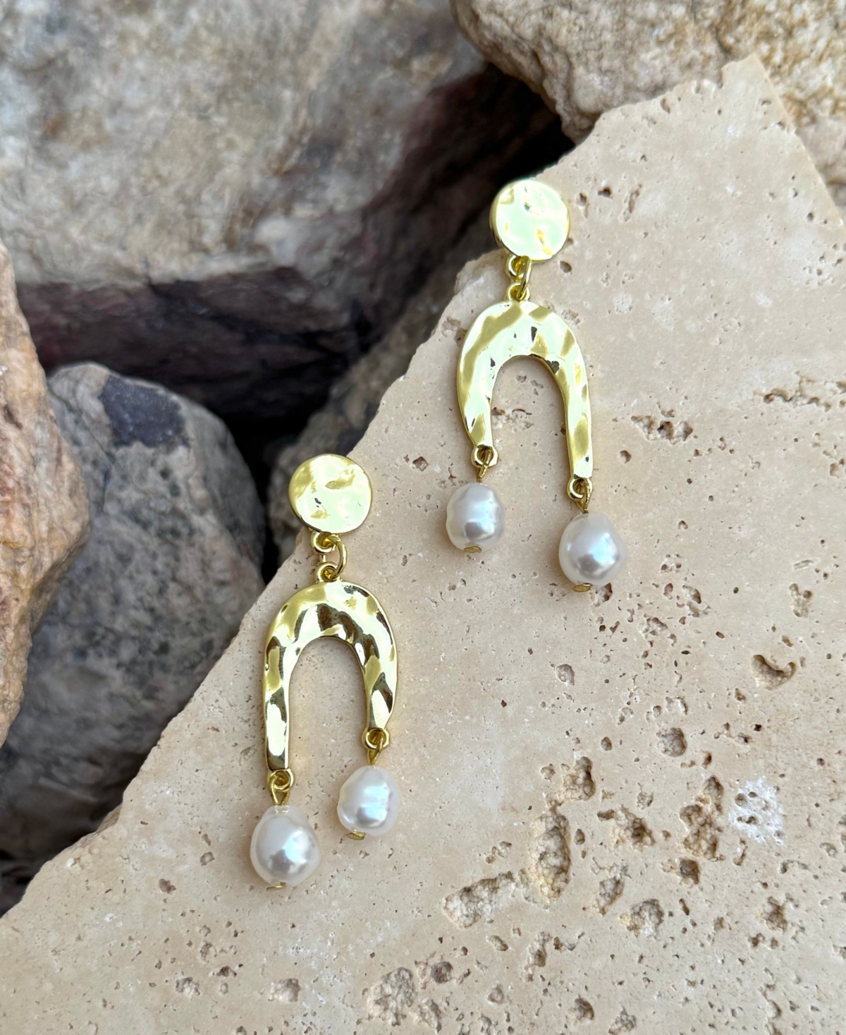 Adornia Hammered Faux Pearl Drop Earrings In Gold