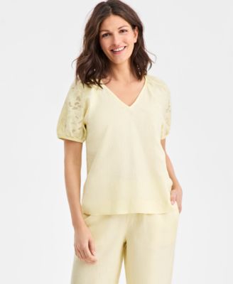 Women's 100% Linen V-Neck Appliqu&eacute;-Sleeve Top