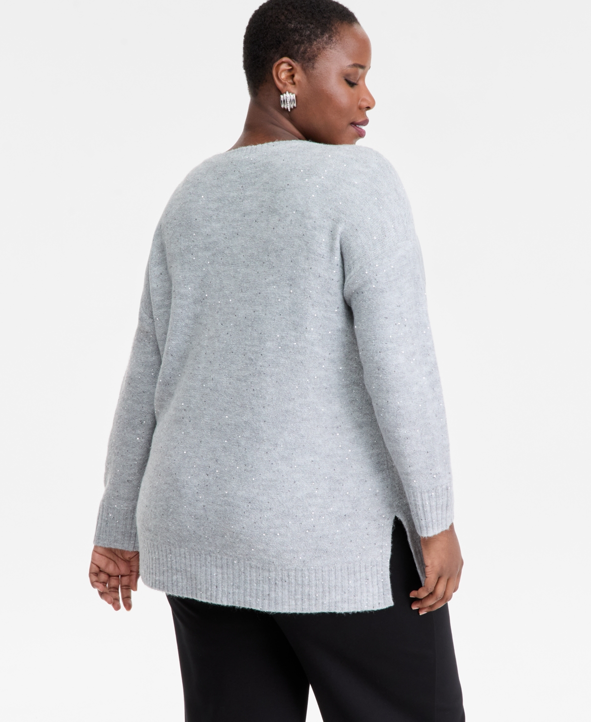 Inc International Concepts Plus Size Roving Sequin Boat-neck Tunic Sweater, Macy's Exclusive In Gray