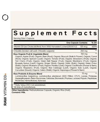 Raw Vitamin D3+ High Potency 5000 IU Supplement- Raw Vitamin Enhanced with Omega-9, Probiotics, Digestive Enzymes, Fruits & Greens 60 Capsules