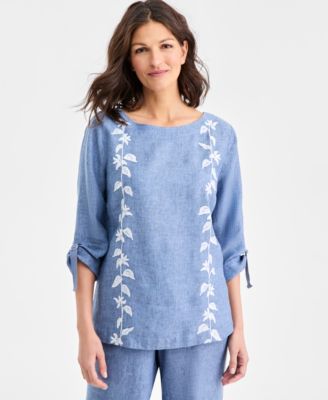 Charter Club - Women's Linen Floral-Embroidered 3/4-Sleeve Top