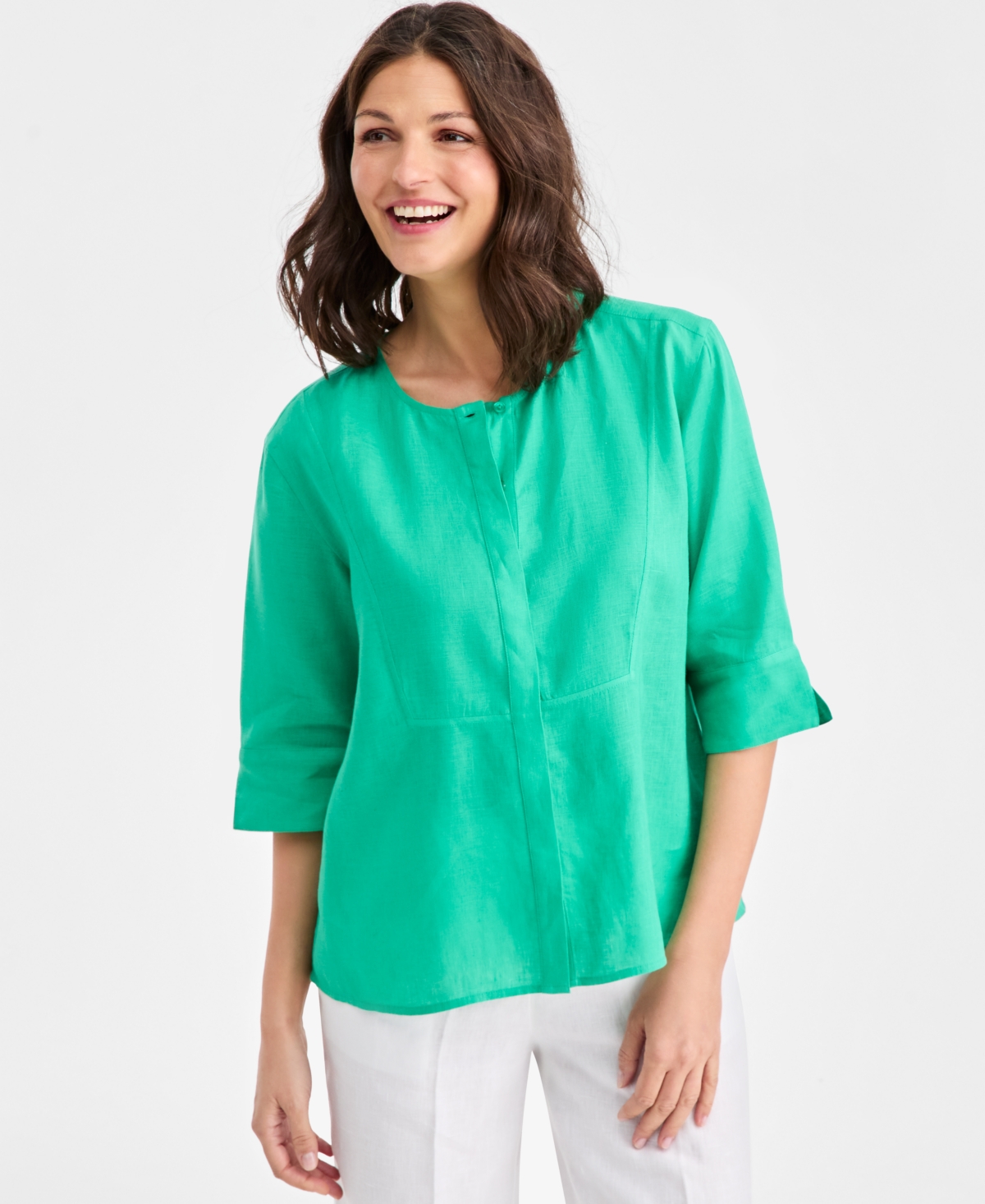 Charter Club Women's 100% Linen Front-bib 3/4-sleeve Blouse, Macy's Exclusive In Green