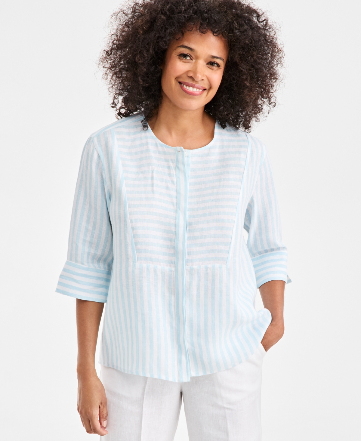 Charter Club Women's 100% Linen Front-Bib 3/4-Sleeve Blouse, Macy's Exclusive