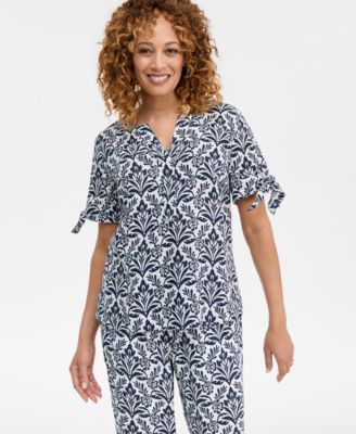Charter Club - Women's Linen Tile Tie-Cuff Split-Neck Top
